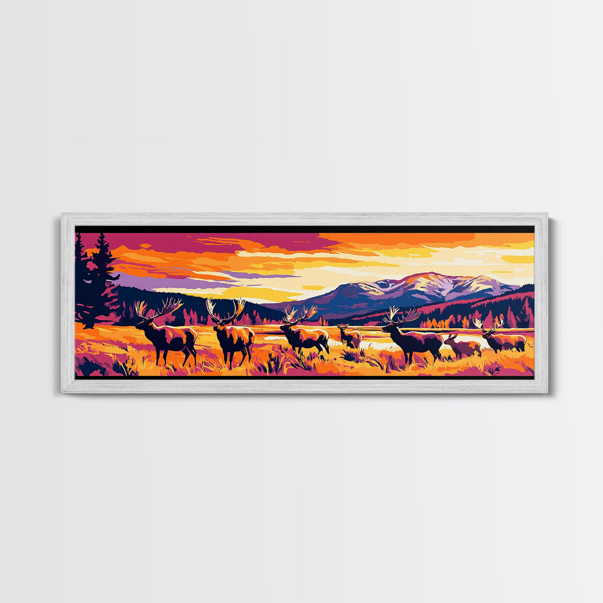 Vibrant Elk Painting, Sunset Mountain Art, Southwest Wall Art, Bold Color Art, Pink Orange Wall Art, Framed Canvas Print, Boho Art