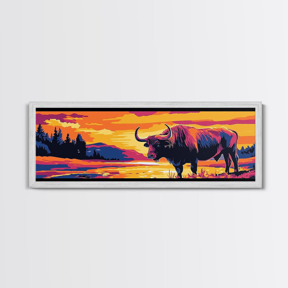 Buffalo painting, colorful animal art, rustic decor, extra wide art, framed canvas print, southwest wall art, landscape painting, wild west art
