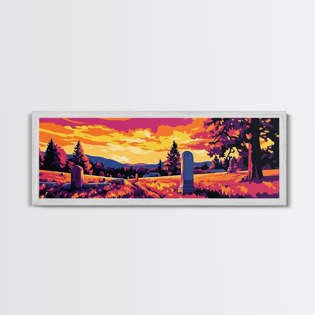 Western Graveyard, cowboy art, gothic painting, southwest wall art, dark angels wall art, extra wide moody art, framed canvas print