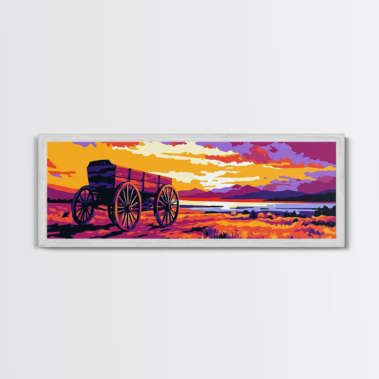 Seaside Wagon, nautical painting, coastal wall art, rustic beach decor, farmhouse art, extra wide panoramic art, framed canvas print