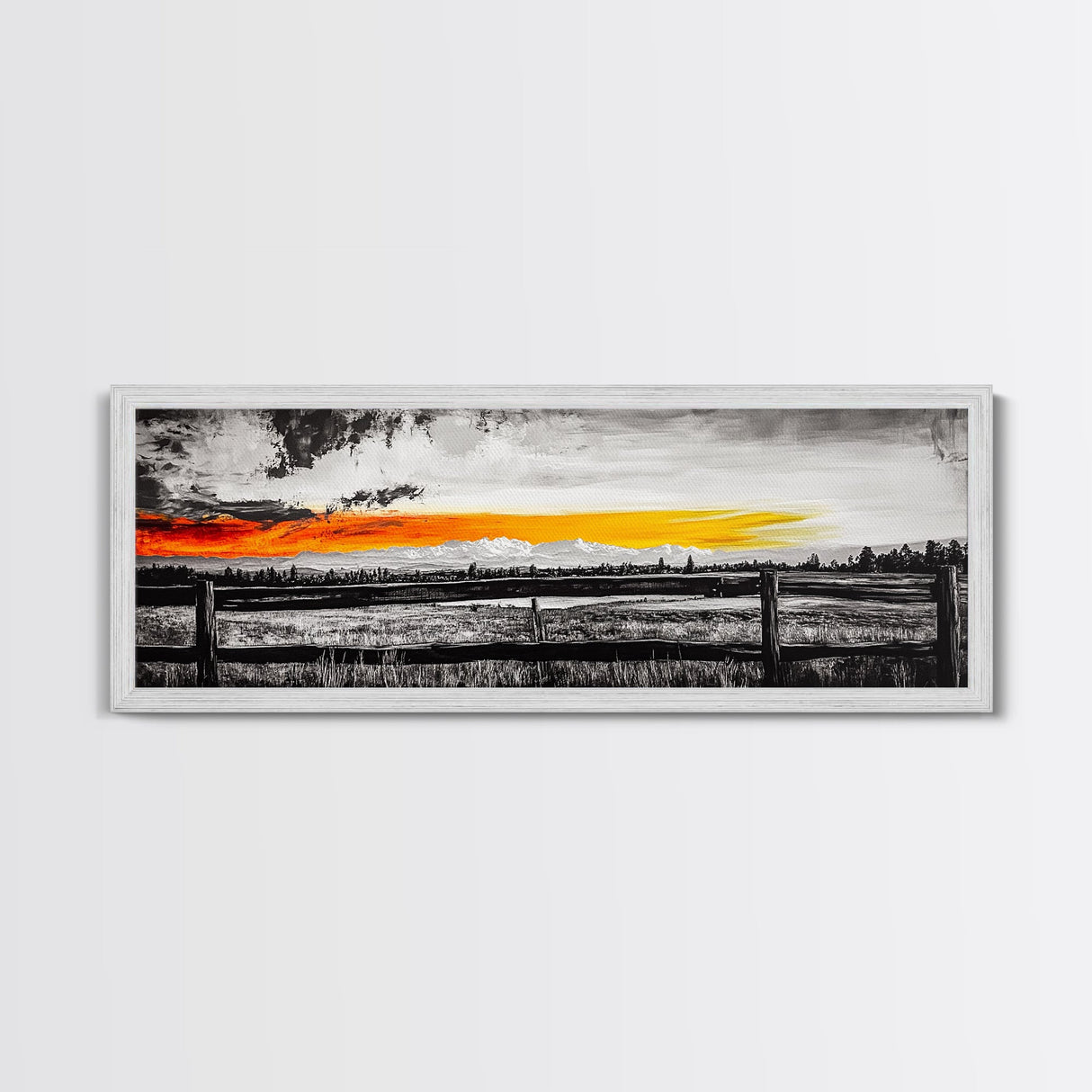 Fence at Sunset, moody landscape art, Joshua tree art, smoky mountain painting, dark romance art, extra wide art, framed canvas print