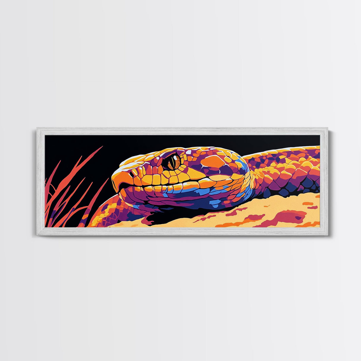 Pop Art Snake, colorful reptile painting, chicano art, pop art wall decor, wild animal painting, extra wide art, framed canvas print