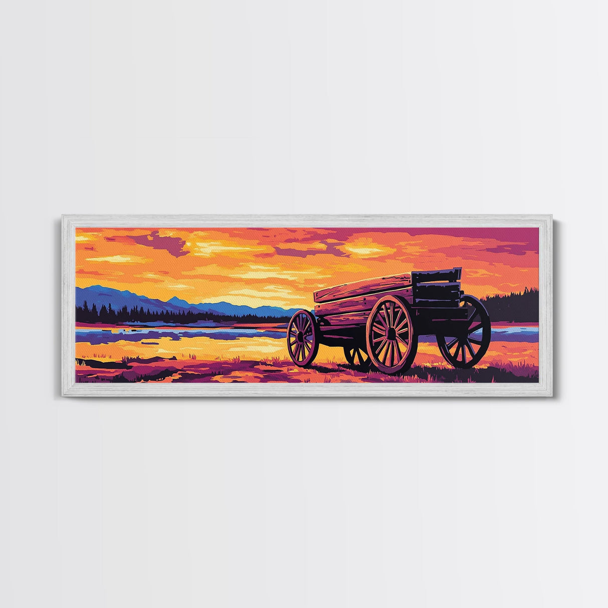 Sunset Wagon Painting, southwest wall art, boho art, Joshua tree art, rustic decor, warm tones, framed canvas print, extra wide art
