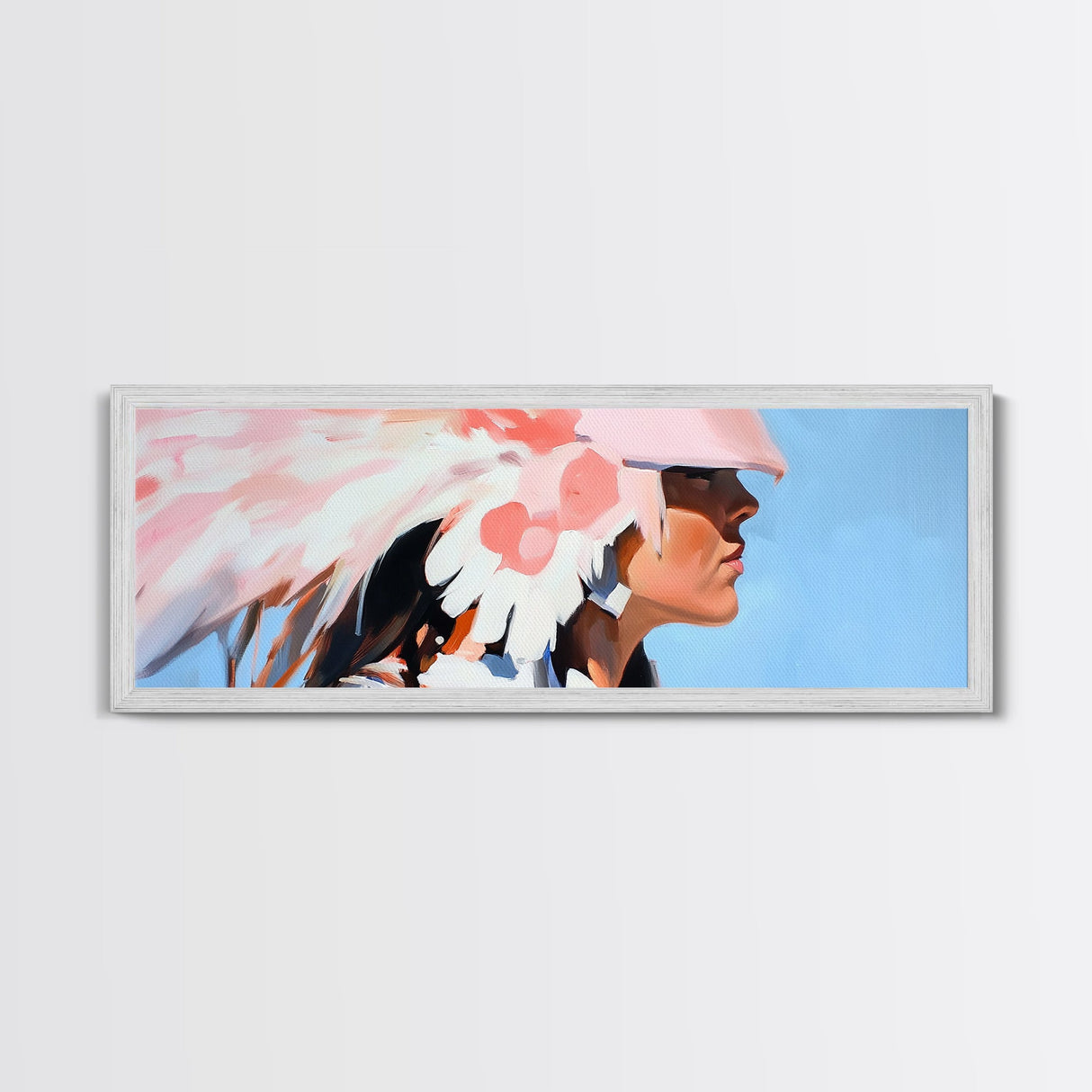 Pink Headdress, modern portrait, southwest wall art, moody art, framed canvas print, light pink wall art, gift idea for her