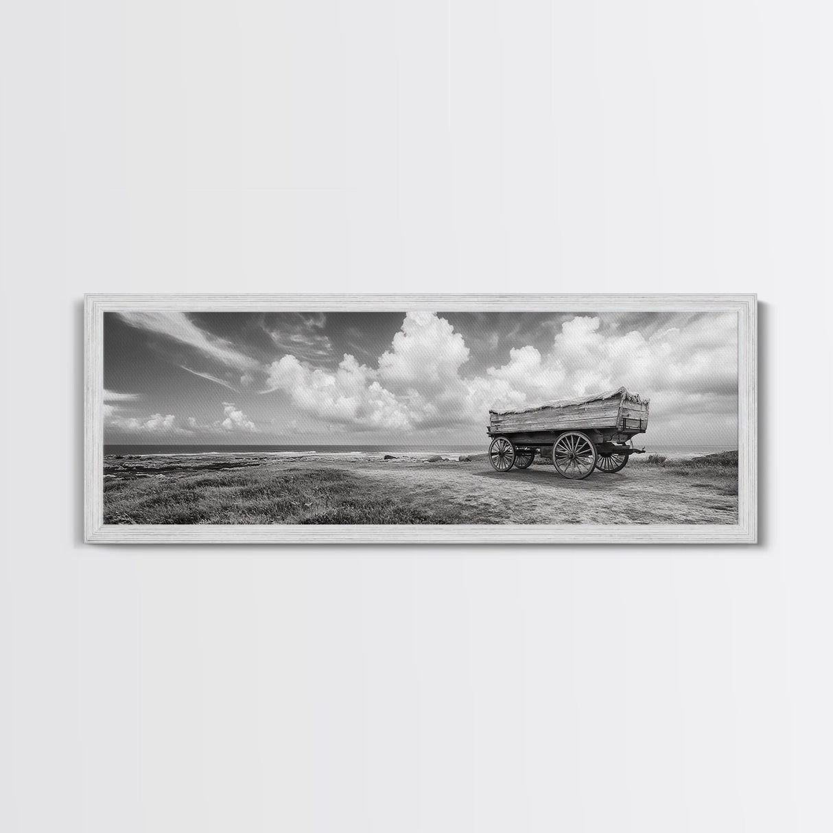 Rustic Wagon, coastal landscape art, extra wide art, panoramic painting, farmhouse art, framed canvas print, nautical wall art