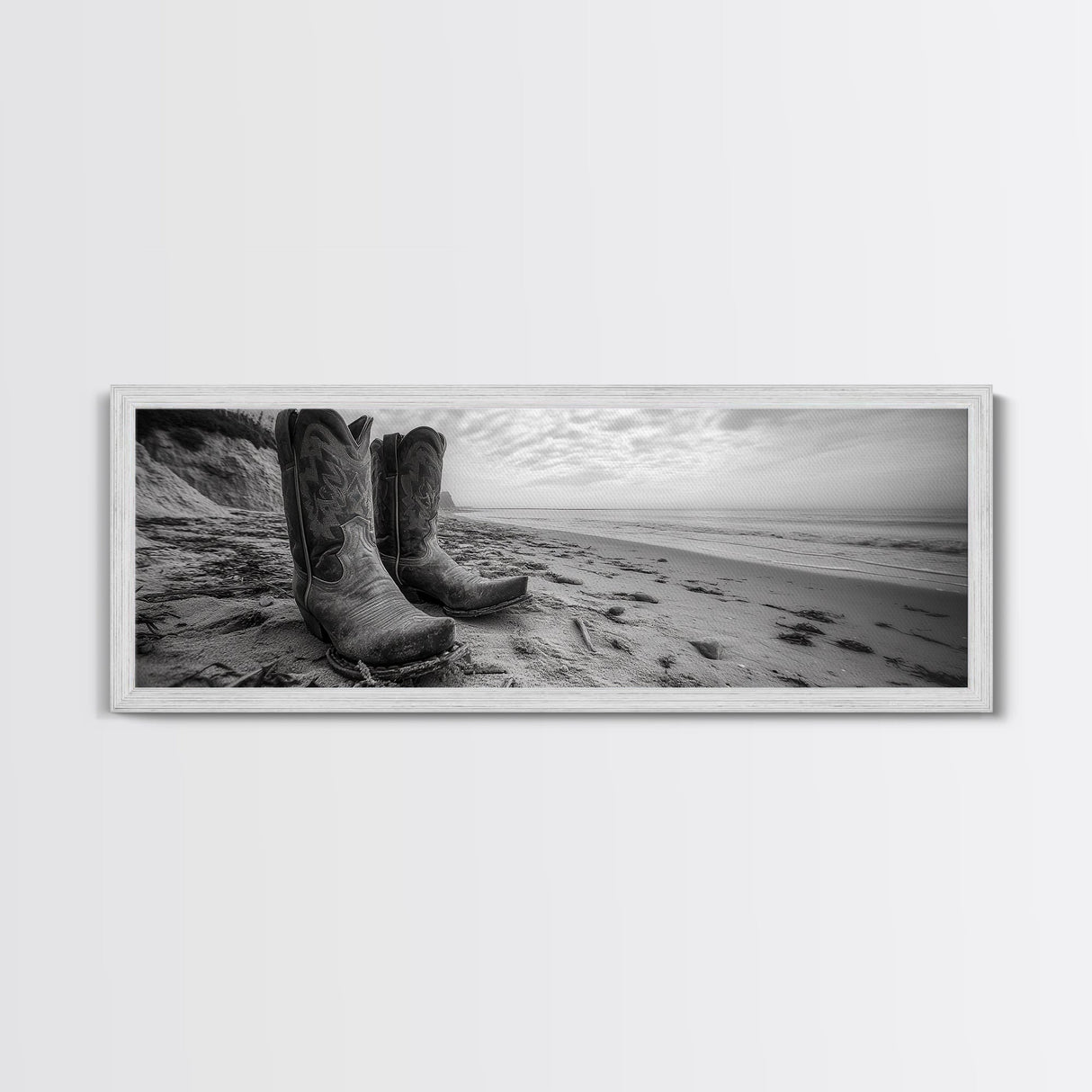 Cowboy Boots, coastal wall art, rustic decor, boho art, wabi sabi art, cowboy painting, framed canvas print, western style decor