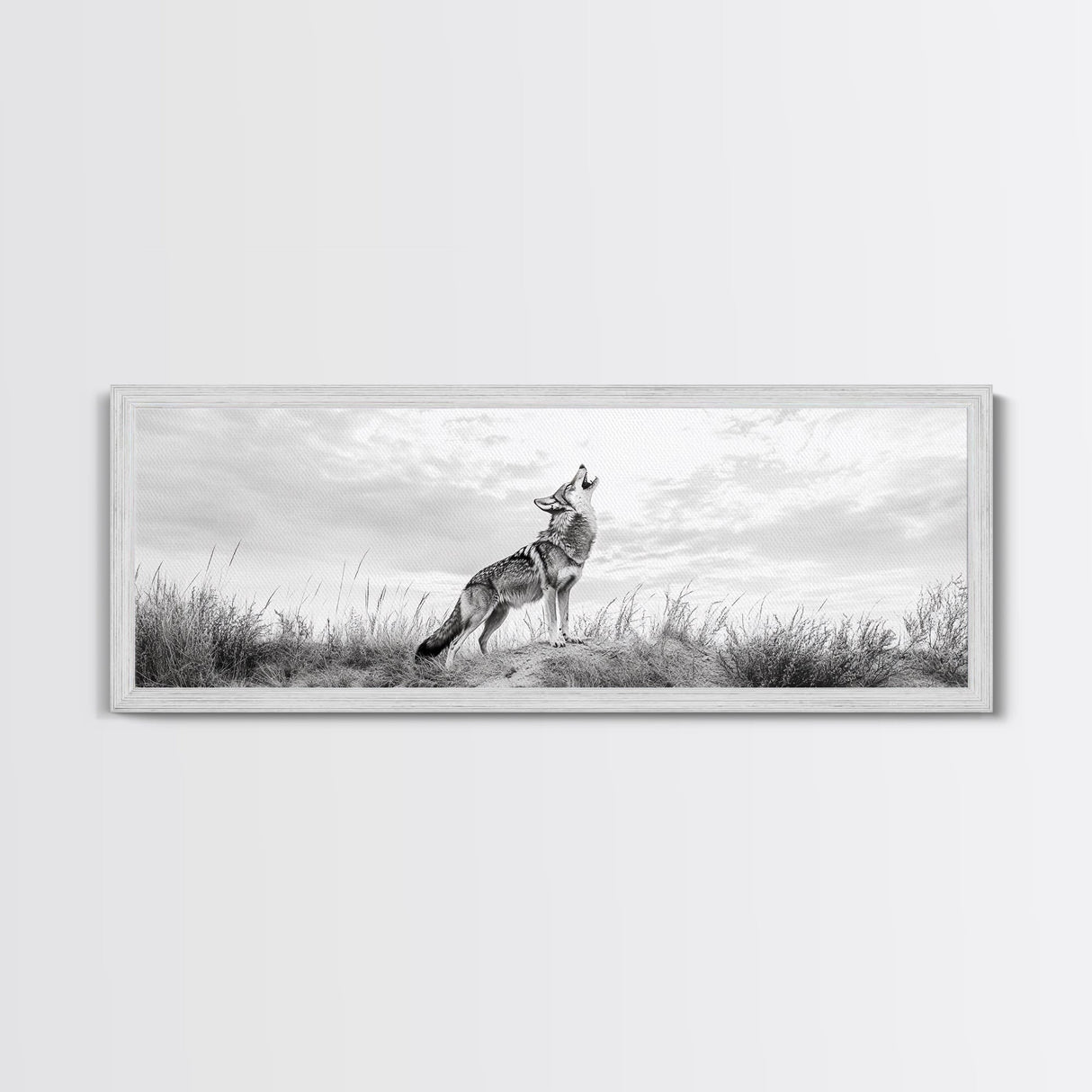 Lone Coyote, southwest wall art, wabi sabi art, extra wide art, moody art, landscape painting, framed canvas print, panoramic art