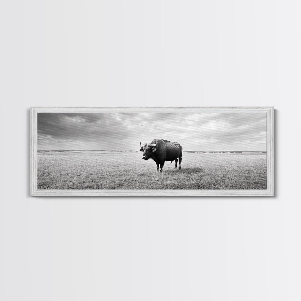 Lone buffalo, western landscape, rustic wall art, panoramic art, extra wide art, farmhouse decor, framed canvas print, wildlife painting, bull and bear art