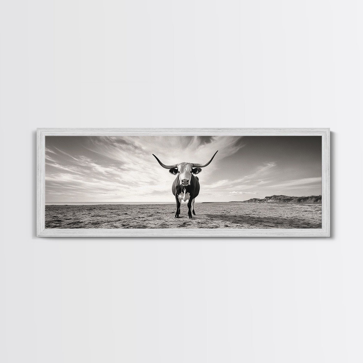 Longhorn, western landscape, bull and bear art, panoramic art, extra wide art, rustic wall art, framed canvas print, farmhouse decor, moody art