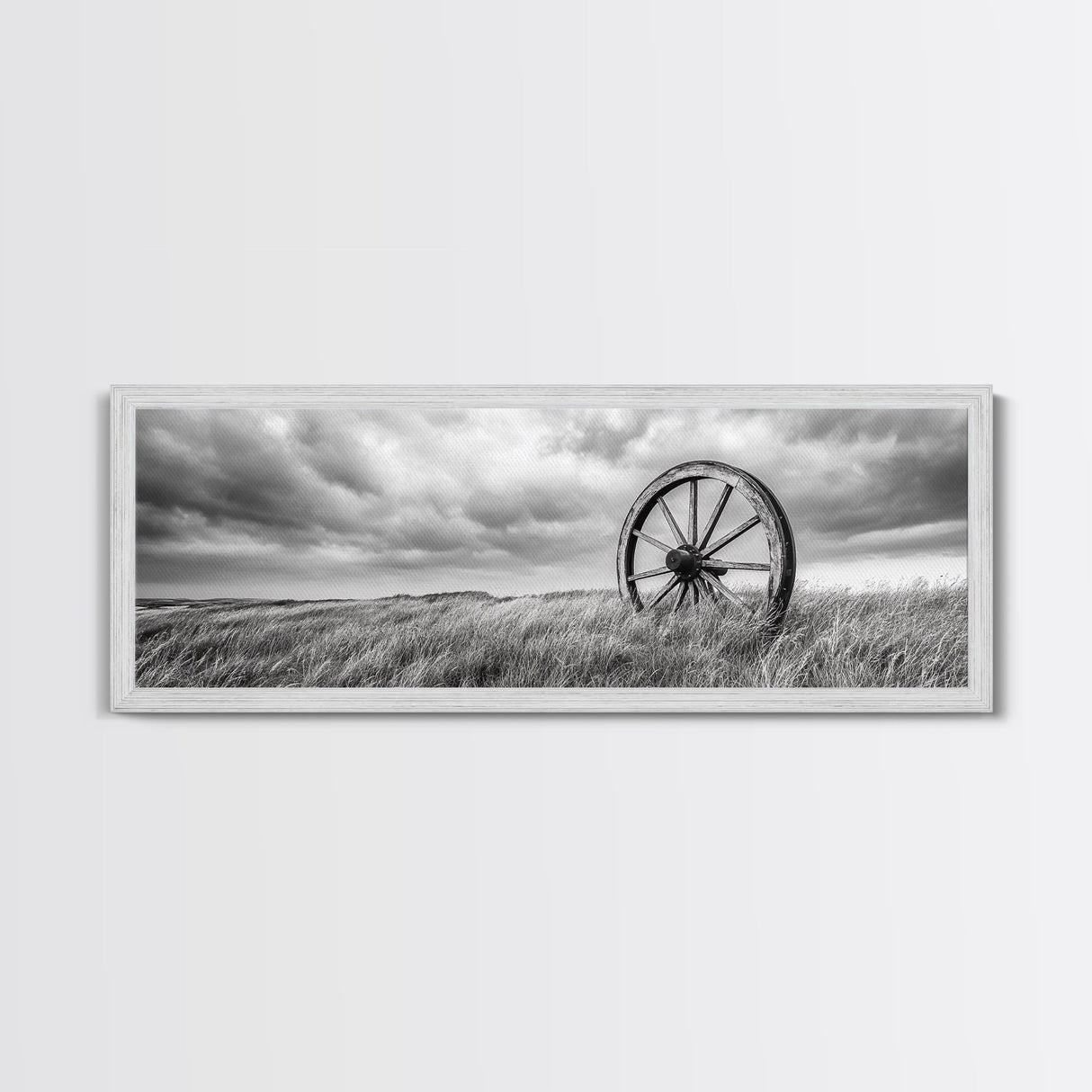 Wagon Wheel, rustic decor, farmhouse art, extra wide art, panoramic painting, country decor, cowboy art, framed canvas print, moody art