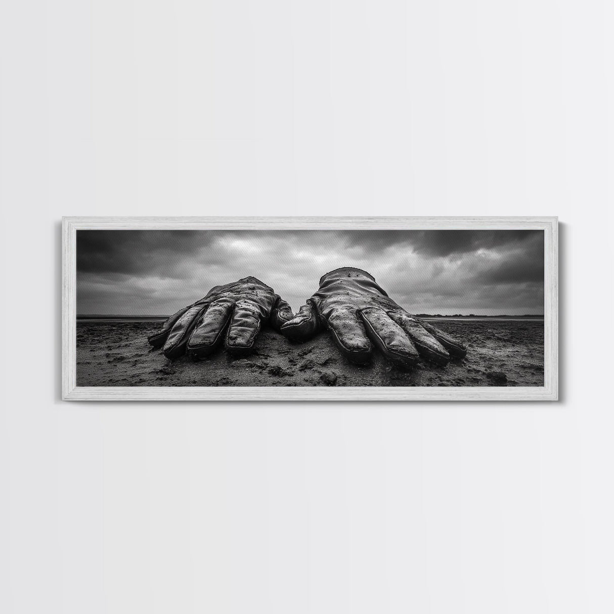 Leather Work Gloves, rustic wall art, moody art, wabi sabi art, extra wide art, panoramic art, farmhouse art, framed canvas print, cowboy art