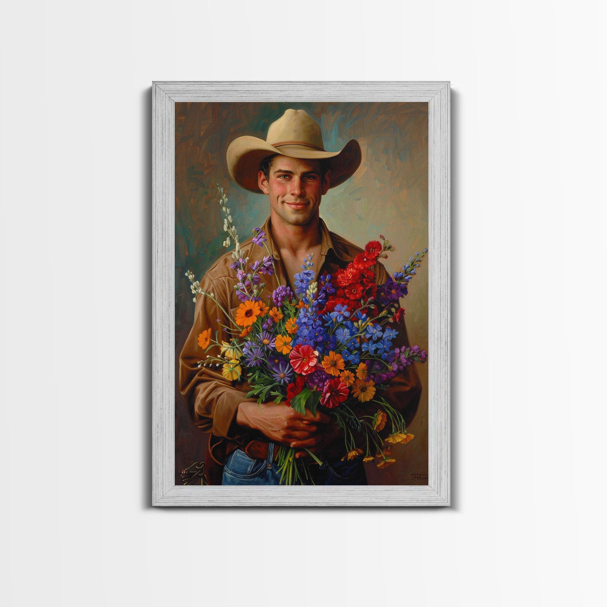 Handsome Cowboy with Wildflowers - Framed Canvas Print, Western Living Room Art, Rustic Bedroom Decor, Cowboy Art, Wall Art