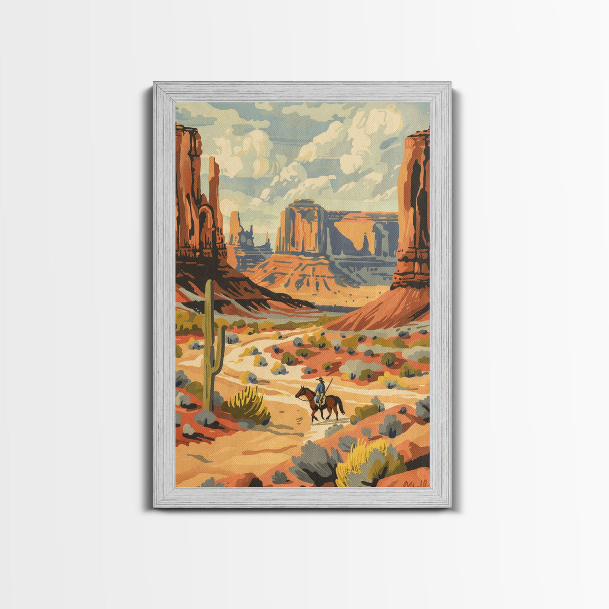 Cowboy in Southwestern Desert Landscape - Framed Canvas Print, Western Wall Art, Desert Scene Art, Cactus Decor for Living Room
