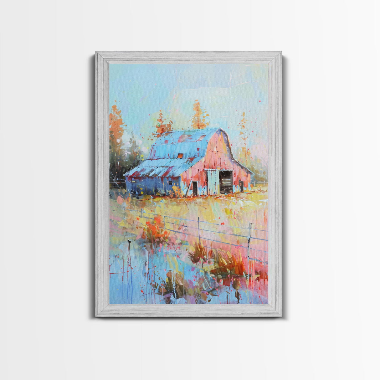Serene Barn Scene in Soft Pastel Hues - Framed Canvas Print, Rustic Decor, Countryside Art for Bedroom, Farmhouse Wall Art for Living Room
