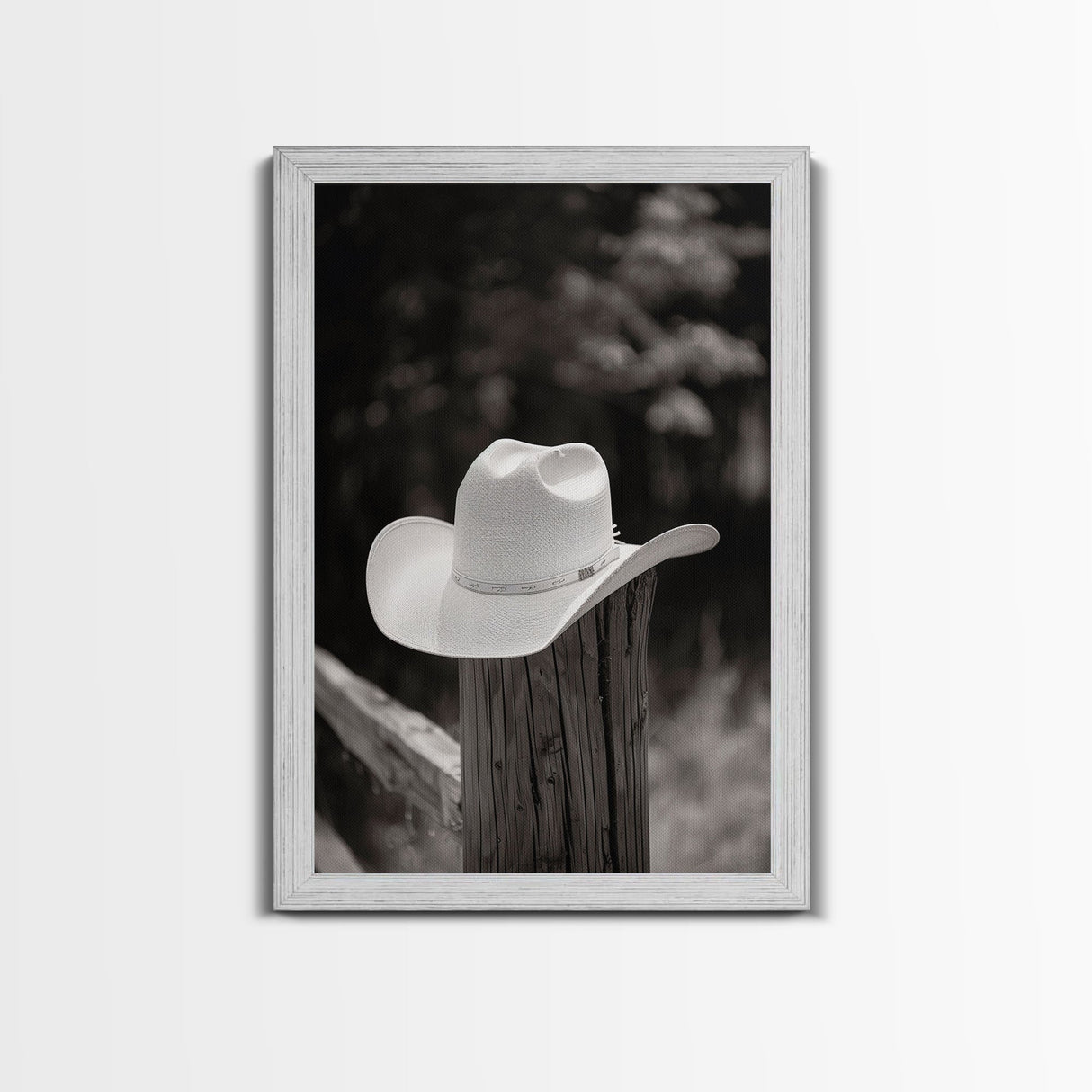 Cowboy Hat on a Wooden Fence Post in Rustic Black and White Photography for Western Home Decor, Canvas Prints, Wall Art for Living Room