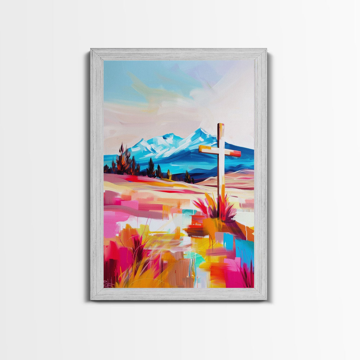 Cross with Mountain Backdrop - Framed Canvas Print, Scenic Western Art, Inspirational Wall Art for Bedroom Decor