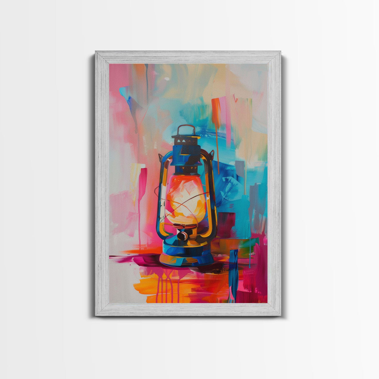Brightly Painted Oil Lamp - Framed Canvas Print, Vibrant Western Art, Rustic Lamp Wall Art for Living Room Decor