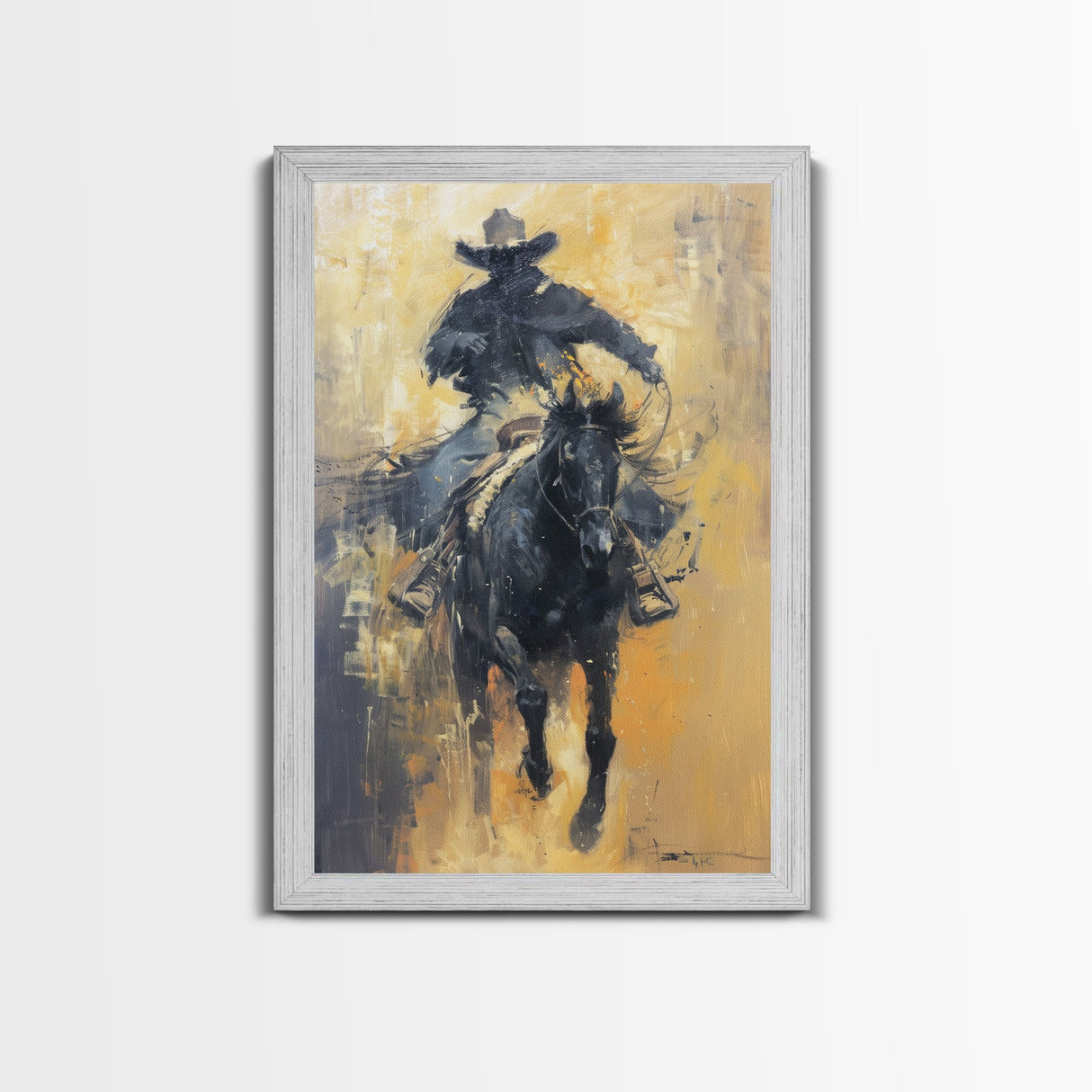 Dynamic Cowboy on Horseback Framed Canvas Print - Energetic Western Decor, Action Wall Art for Living Room, Bedroom