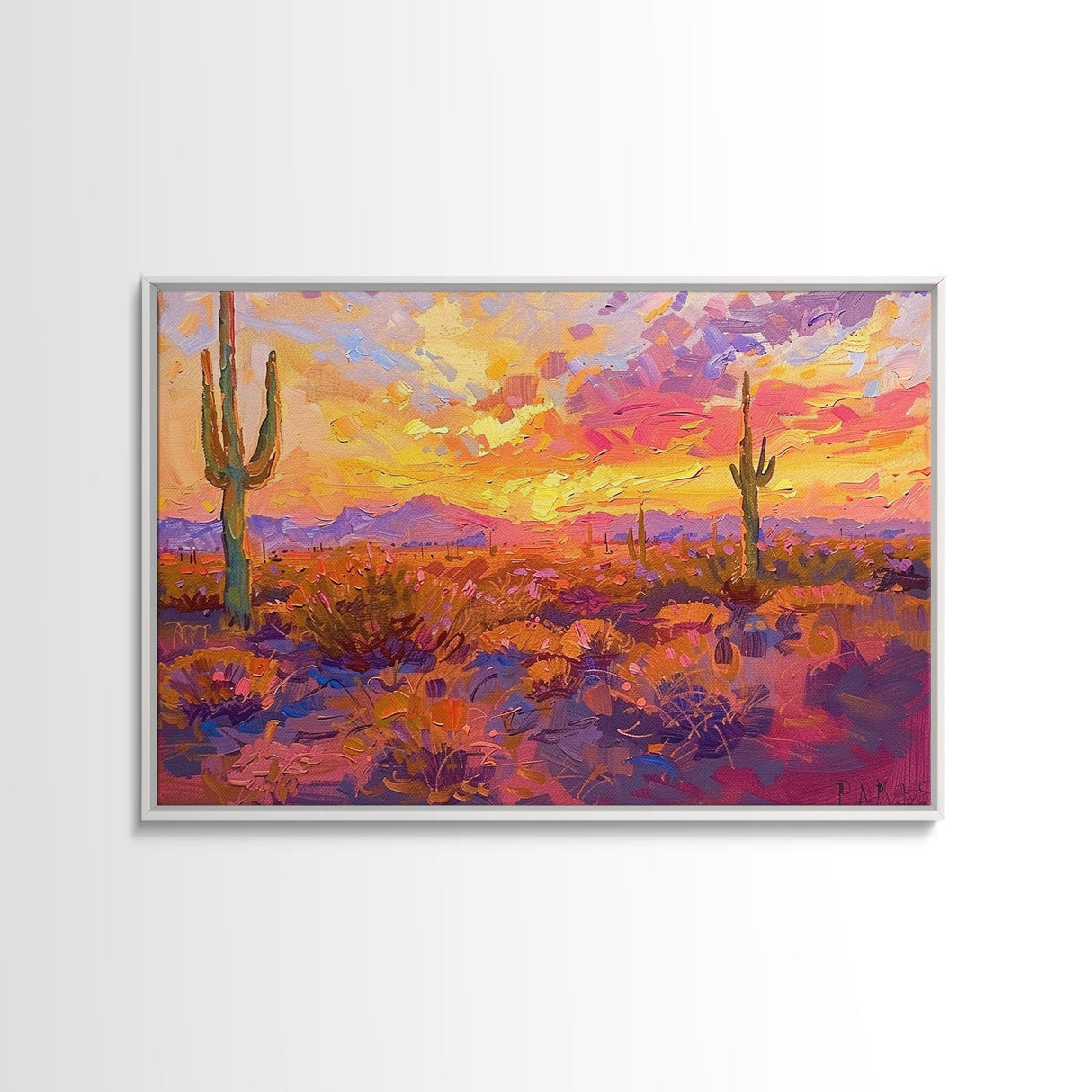 Desert Cactus Sunset Painting Framed Canvas Print, Western Decor, Southwest Wall Art, Arizona Painting, Landscape Painting, Farmhouse Decor