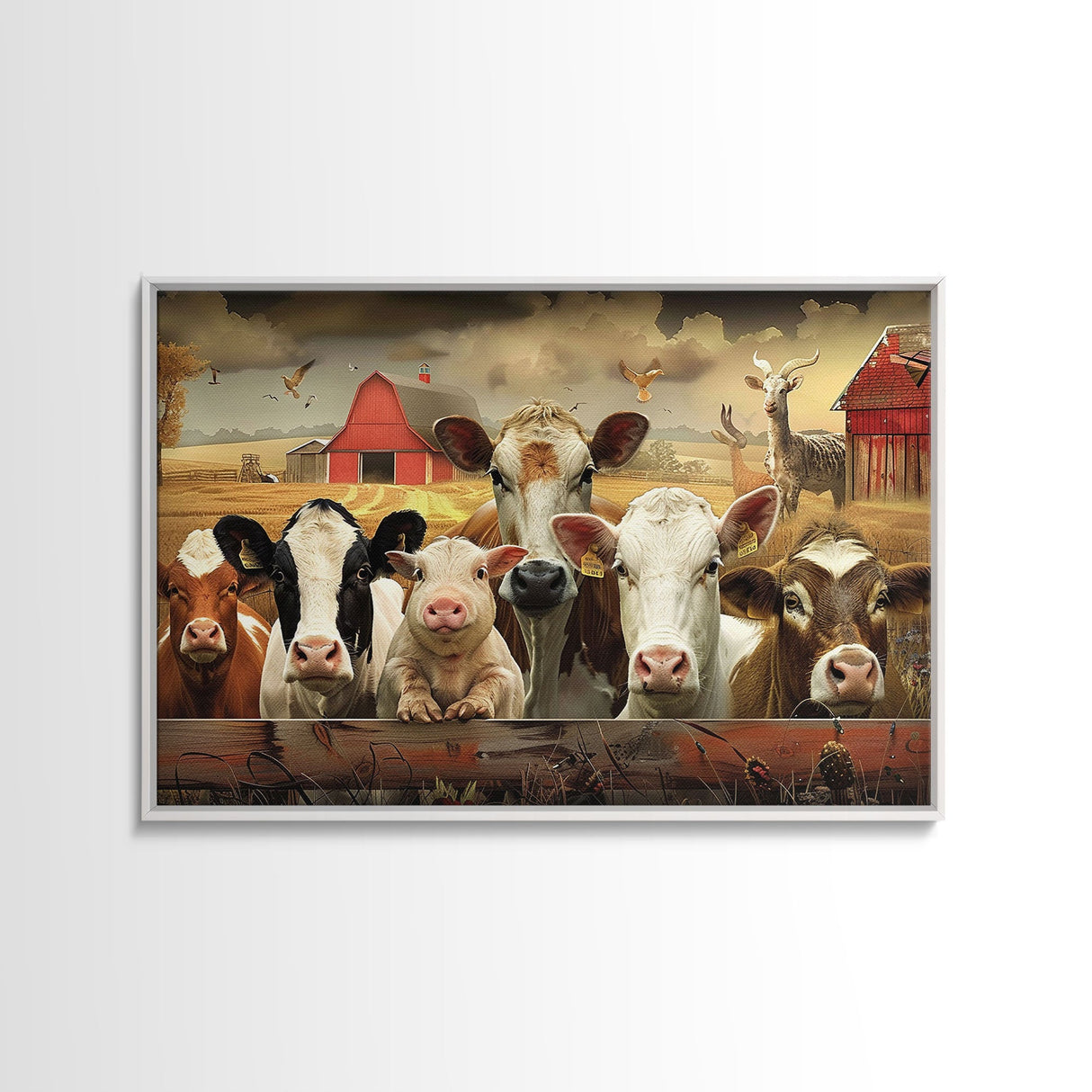 Farm Animals On The Fence, Framed Canvas Print, Cute Animal Decor, Bathroom Wall Art, Illustration, Home Decor