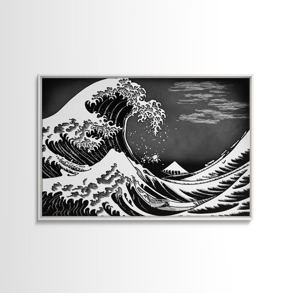 Black and White Wave Canvas Print, Hokusai Inspired Wall Art, Woodblock Print Style, Wall Art, Vintage Style Wall Art