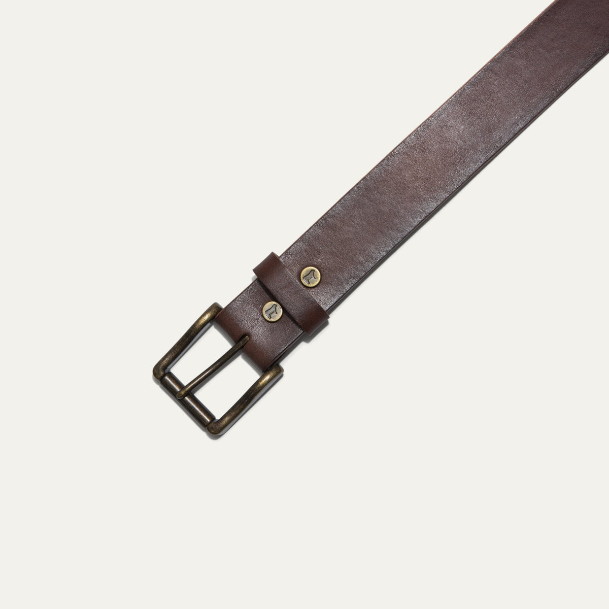 Close-up of the dark brown leather belt's antique brass buckle and keeper loop with cattle snaps