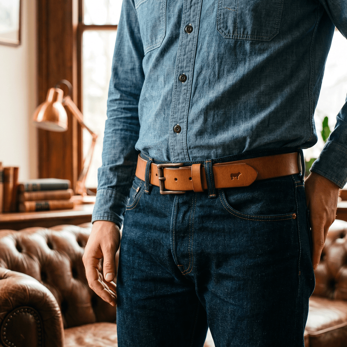 Lifestyle photo of a man wearing the tan leather belt with a denim shirt and jeans