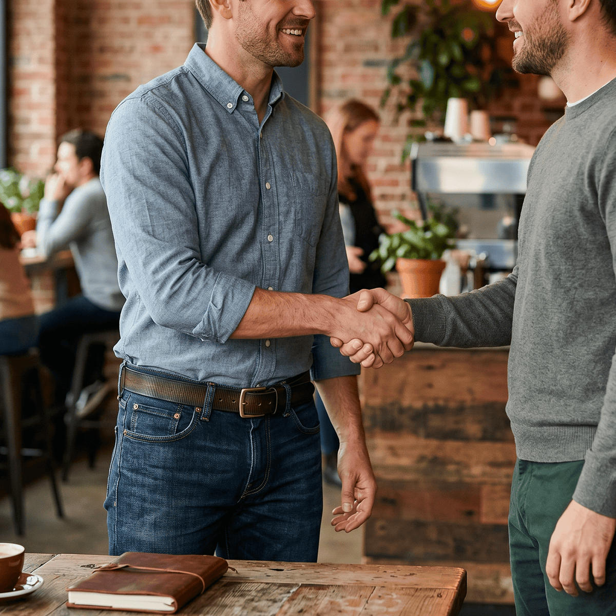 Lifestyle photo of a man in a chambray shirt and jeans shaking hands with another man in a cafe, wearing a dark brown embossed leather belt with a brass buckle