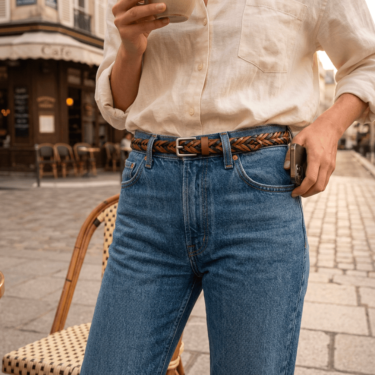 Lifestyle photo of a person wearing blue jeans with the black and tan Two-Tone Five Strand Braided Belt, standing at an outdoor Parisian cafe holding a coffee cup.
