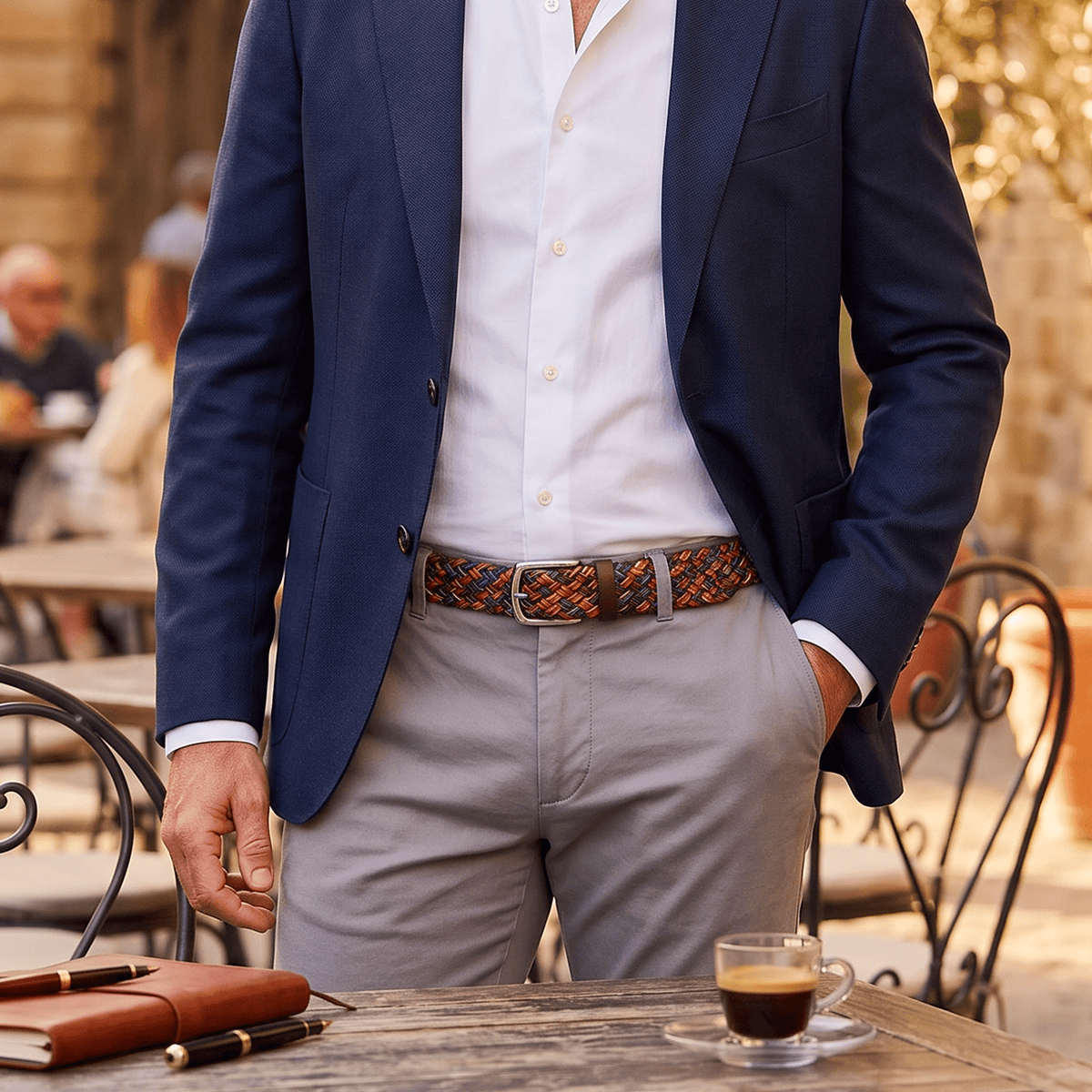 Lifestyle photo of a man in a navy blazer and gray trousers wearing the multi-color tubular braided belt, close-up on the buckle and woven leather at the waist.