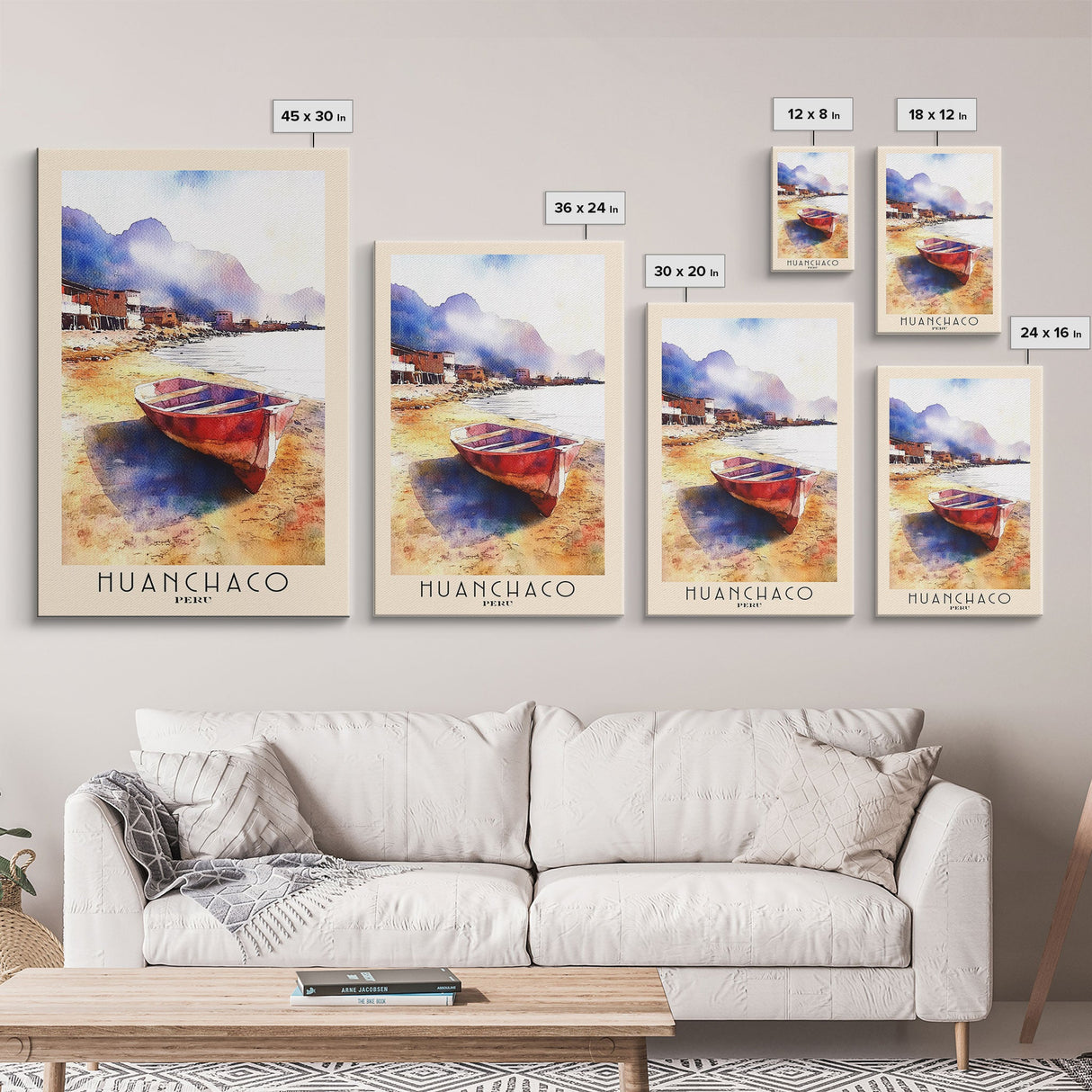 Huanchaco, Peru Watercolor Beach Print, Vacation Gift, Peru Wall Art, Framed Canvas Print, Framed Beach Painting