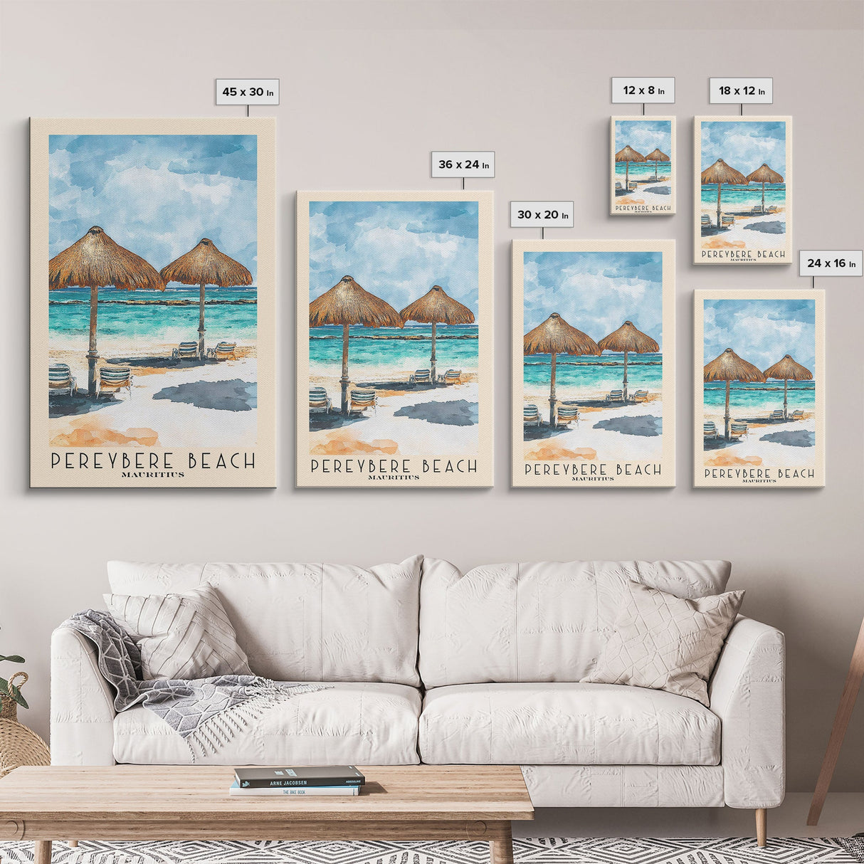 Pereybere Beach, Mauritius Watercolor Beach Print, Vacation Gift, Mauritius Wall Art, Framed Canvas Print, Framed Beach Painting