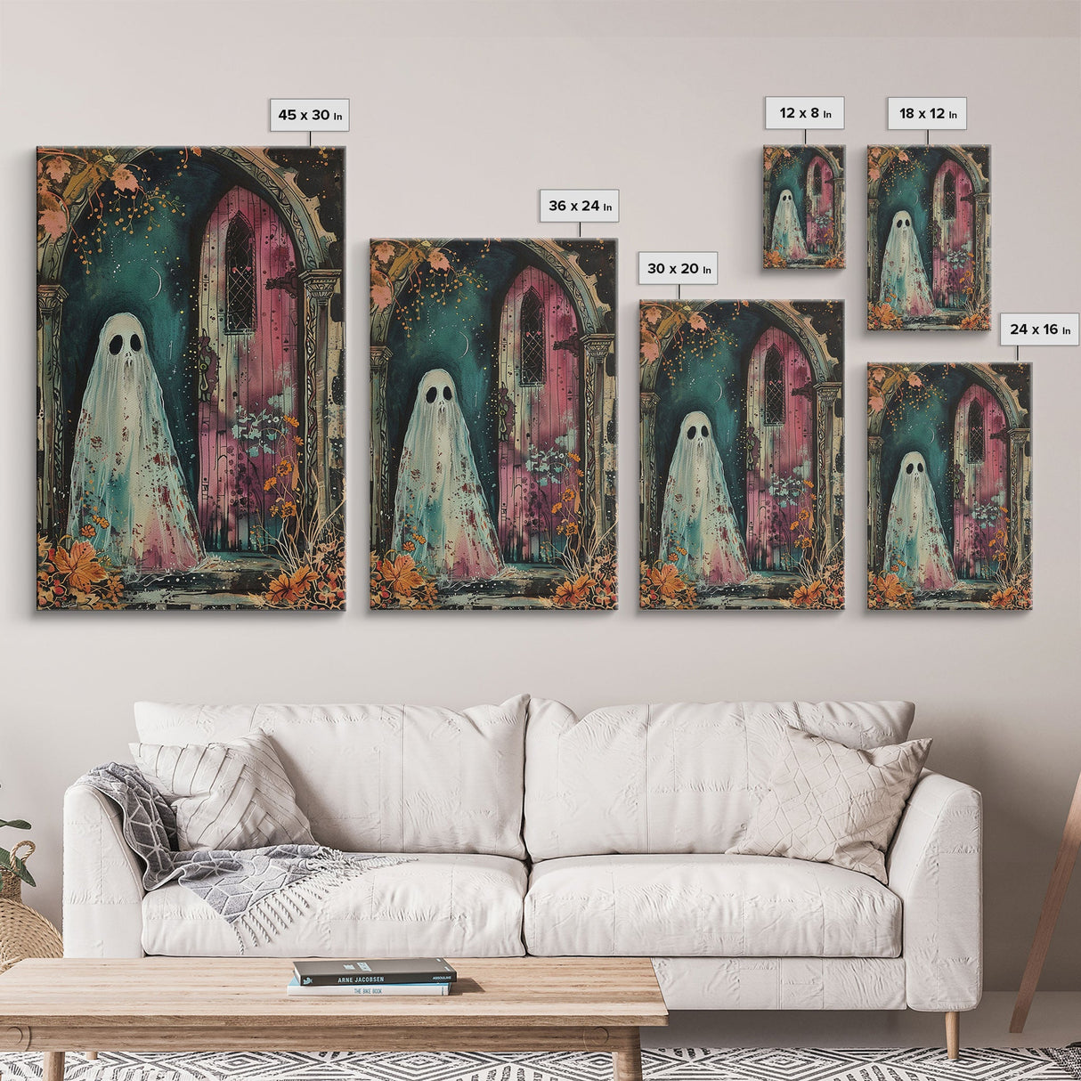 Ghostly Figure at Haunted Door Framed Canvas Print, Halloween Spirit Decor, Spooky Ghost Art, Haunted House Wall Art, Creepy Ghostly Print