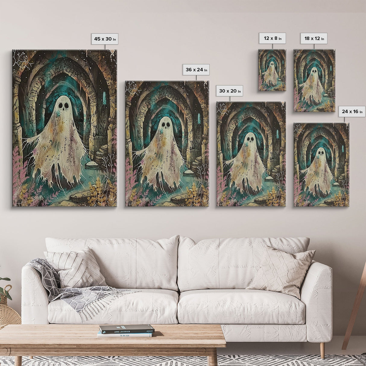 Ghostly Figure in Ancient Ruins Framed Canvas Print, Haunted Ruins Decor, Halloween Ghost Art, Eerie Ghostly Wall Art, Spooky Ghost Print