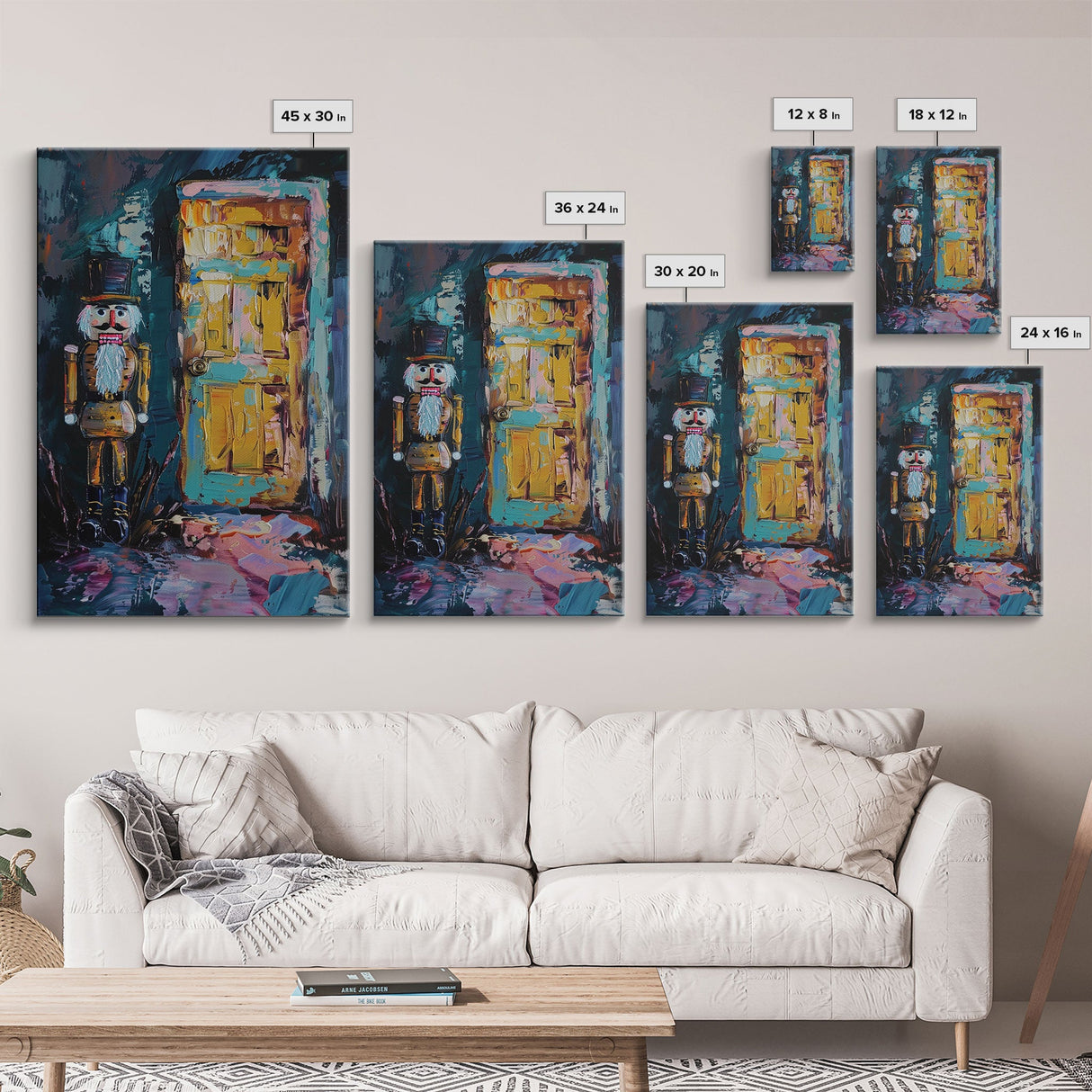 Nutcracker at Spooky Door Framed Canvas Print, Haunted Nutcracker Decor, Halloween Toy Art, Eerie Door Wall Art, Creepy Nutcracker Print