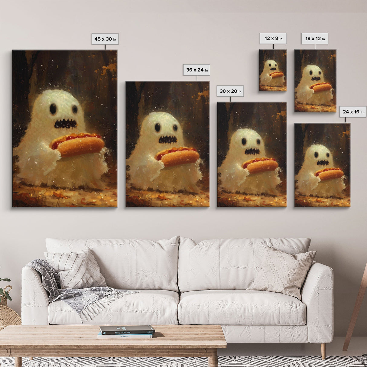 CHOMP! Cute Lil Ghost Eatin' a Dog, The Hot Dog Ghost, Haunted Hot Dog Thief, Framed Canvas Print, Halloween Art