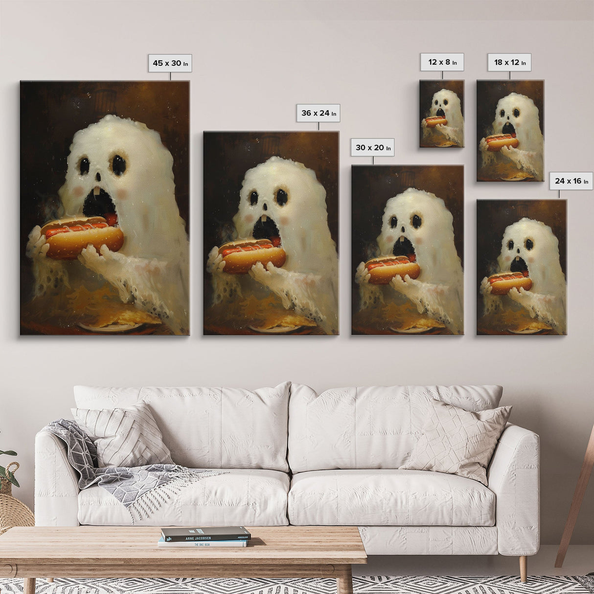Ghostly Hot Dog Thief, Cute Lil Ghost Eatin' a Dog, The Hot Dog Ghost, Haunted Hot Dog Thief, Framed Canvas Print, Halloween Art