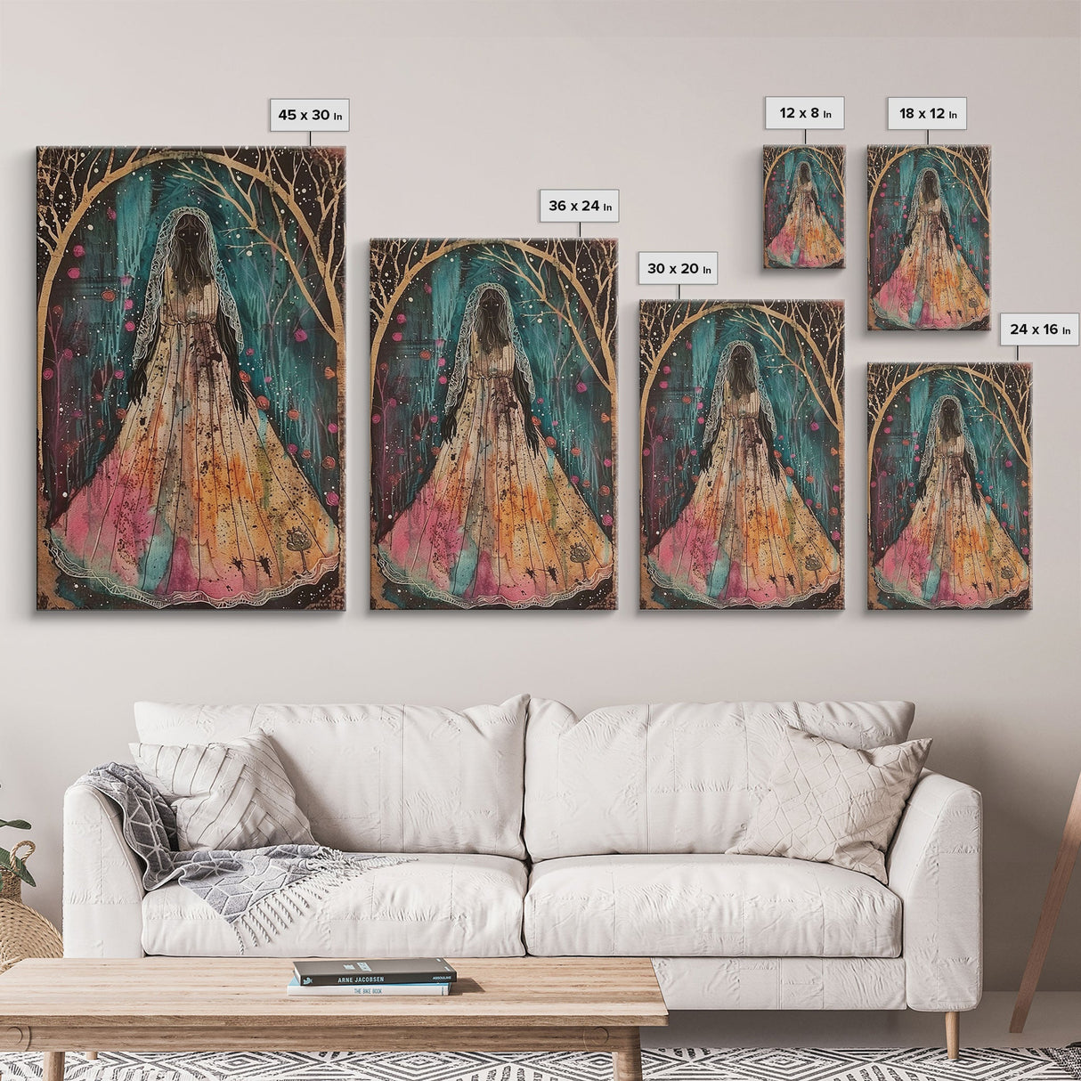 Halloween Veiled Ghost in Cemetery, Framed Canvas Print, Wall Art, Living Room Decor, Spooky, Ghost Art, Original Painting, Home Decor