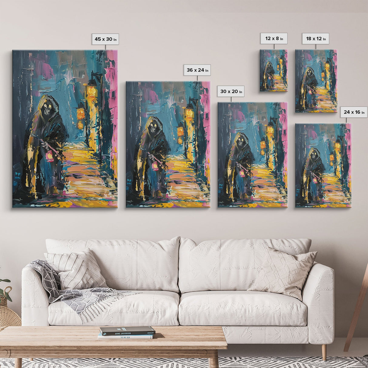 Halloween Grim Reaper with Lantern, Framed Canvas Print, Wall Art, Living Room Decor, Spooky, Grim Reaper Art, Original Painting