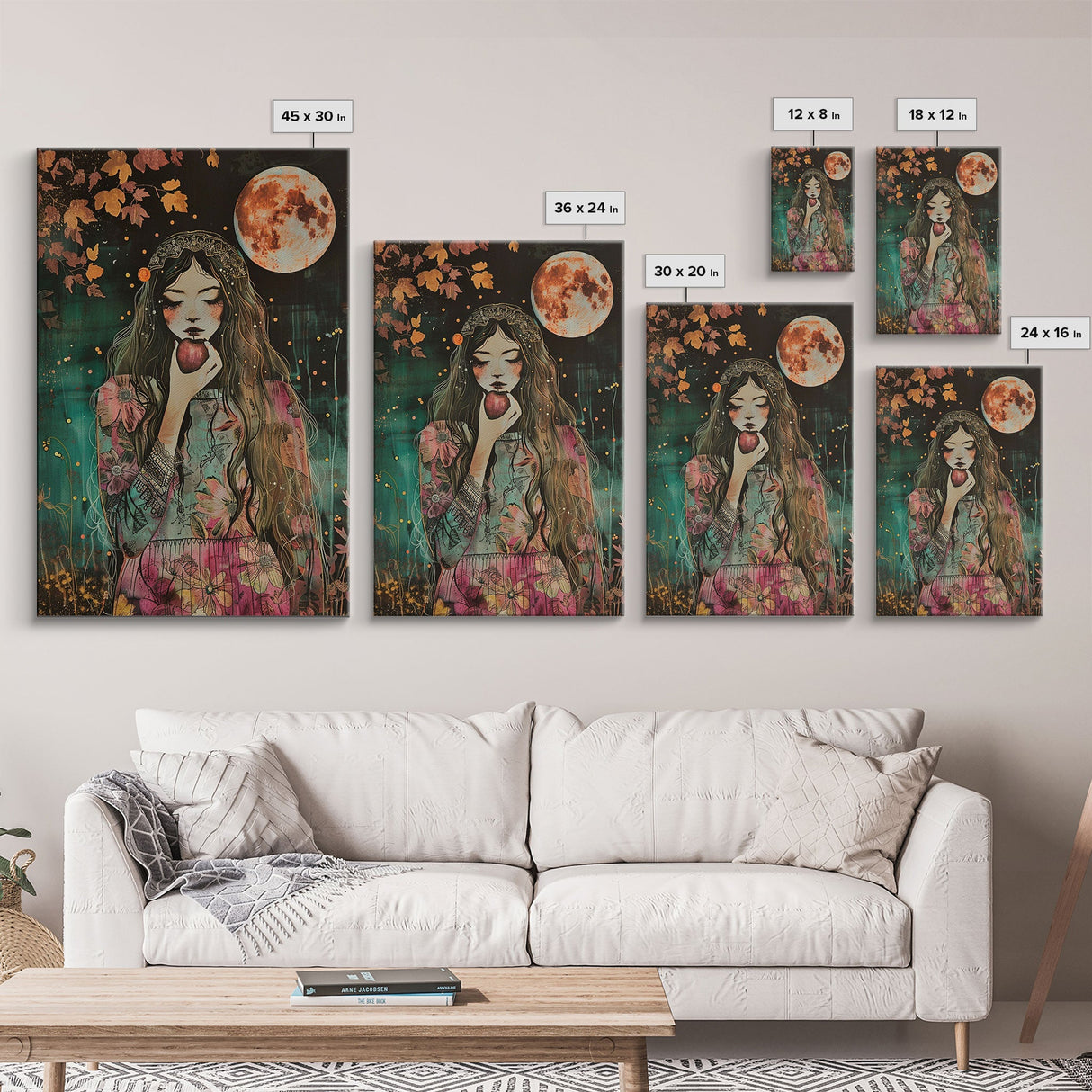 Ghostly Witch With Red Apple, Framed Canvas Print, Wall Art, Spooky Decor, Halloween Decoration, Living Room Art, Unique Gift