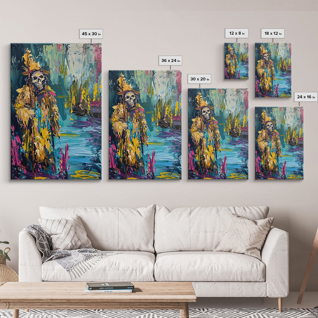 Halloween Skeleton Wizard, Framed Canvas Print, Wall Art, Home Decor, Spooky Artwork, Witchcraft Decor, Fantasy Art, Holiday Decor