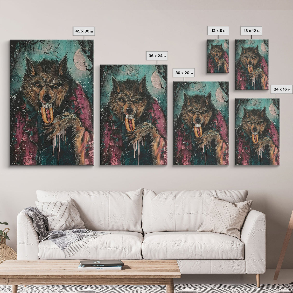 Halloween Werewolf Snarling with Hotdog, Framed Canvas Print, Wall Art, Home Decor, Spooky Artwork, Monster Decor, Halloween Decor