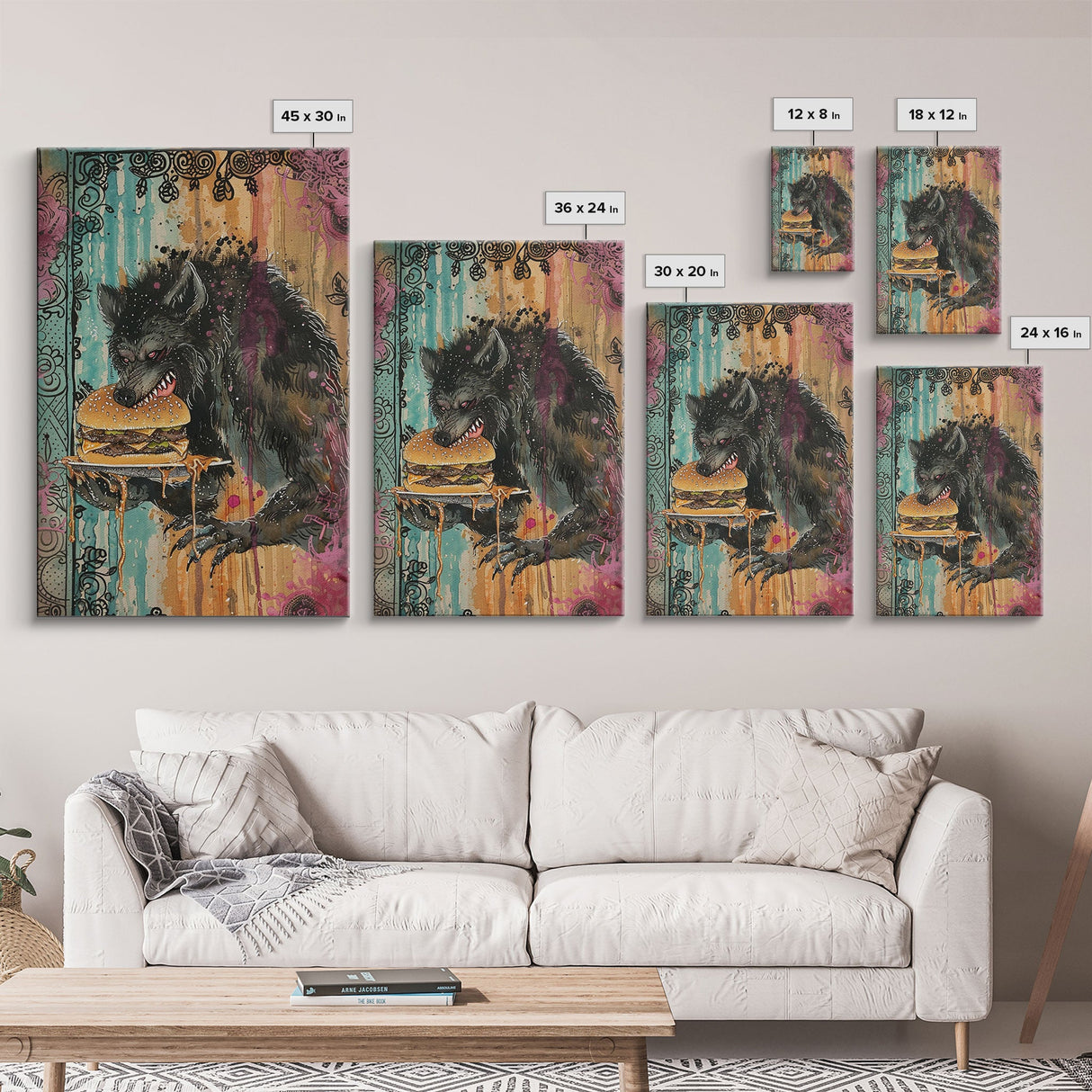 Halloween Creepy Werewolf with Burger Framed Canvas Print, Wall Art, Living Room Decor, Kitchen Art, Unique Halloween Gift, Spooky Decor