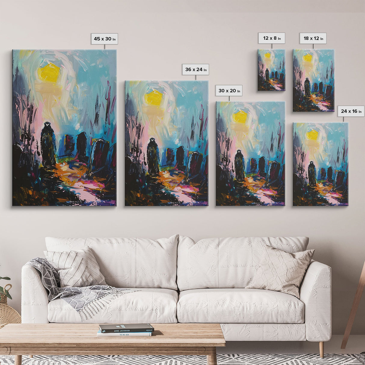 Creepy Haunted Cemetary Framed Canvas Print Halloween Art, Impasto Style Spooky Season Decor