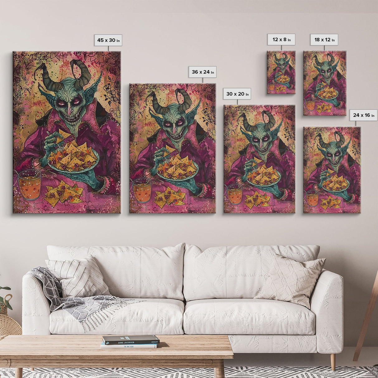 Spooky Demon Eating Chips Framed Canvas Print, Halloween Art, Unique Wall Art, Creepy Home Decor, Scary Art, Spooky Living Room Decor