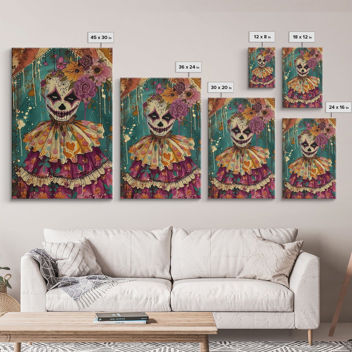 Day of the Dead Doll with Floral Crown Framed Canvas Print, Halloween Art, Creepy Wall Art, Spooky Home Decor, Scary Art, Unique Wall Decor