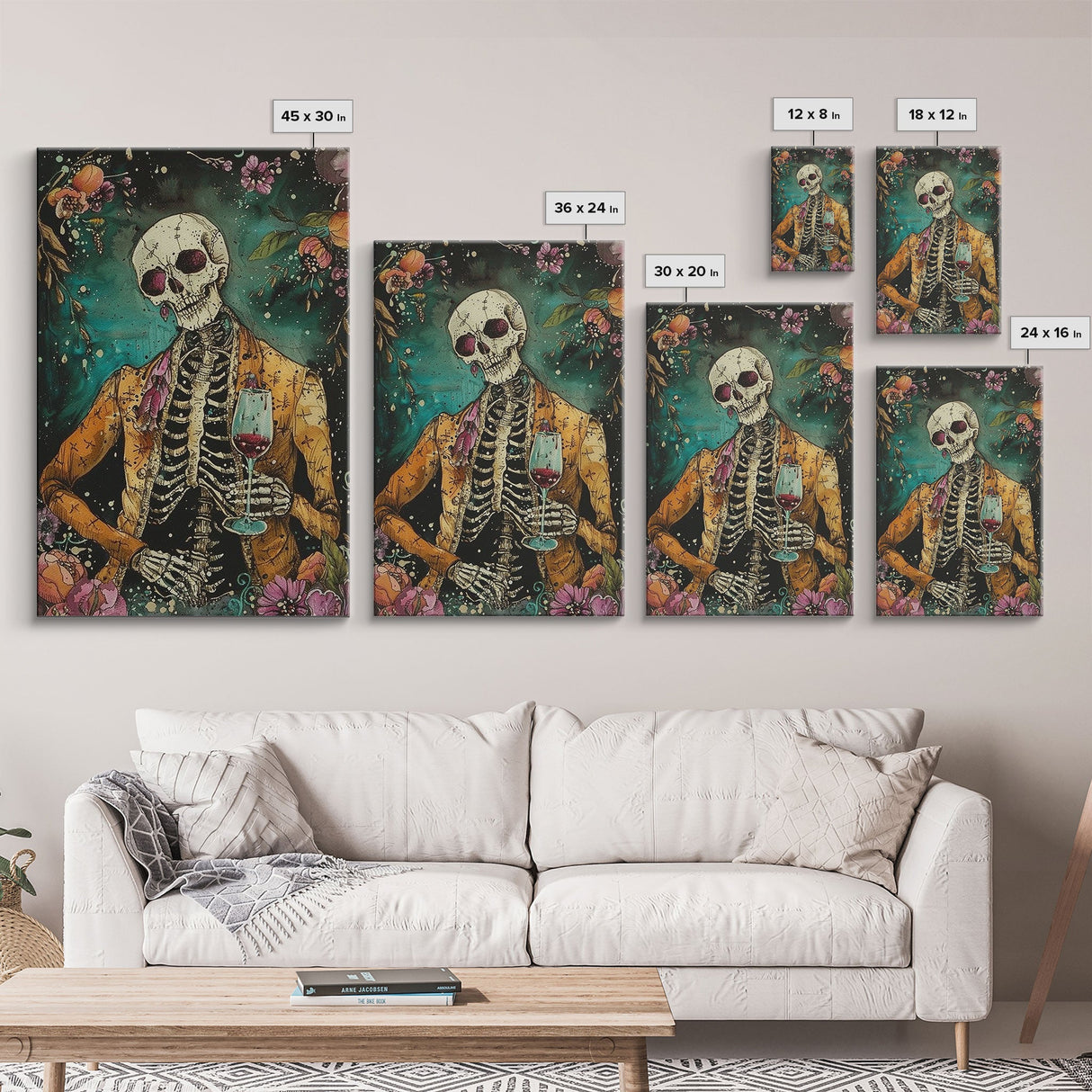 Skeleton Gentleman with Wine Glass Framed Canvas Print, Halloween Art, Creepy Wall Art, Spooky Home Decor, Scary Art, Unique Wall Decor
