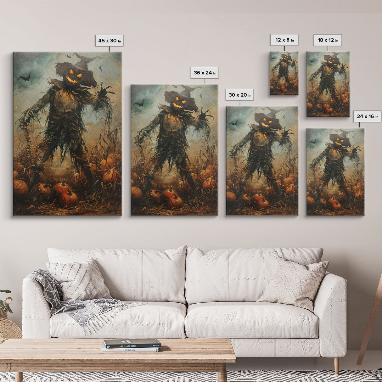 Sinister Scarecrow in Pumpkin Patch | Halloween Wall Art | Spooky Home Decor | Creepy Pumpkin Scarecrow Painting | Framed Canvas Print