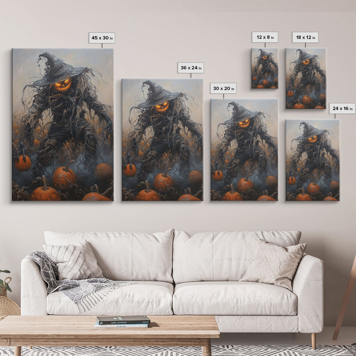 Haunting Scarecrow Holding Pumpkin in Misty Field | Halloween Wall Art | Spooky Home Decor | Creepy Scarecrow Painting | Framed Canvas Print