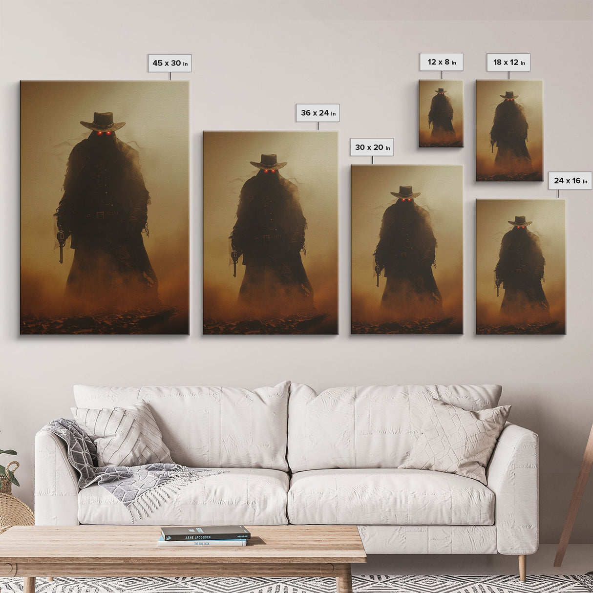 Mysterious Cowboy with Glowing Red Eyes in Desert | Halloween Wall Art | Spooky Home Decor | Creepy Cowboy Painting | Framed Canvas Print
